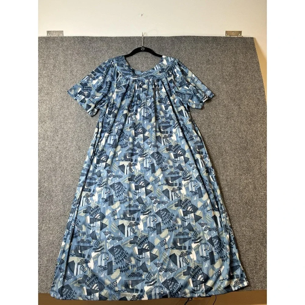 Anthony Richards Muumuu Dress L Blue Abstract Geometric Grannycore House Dress